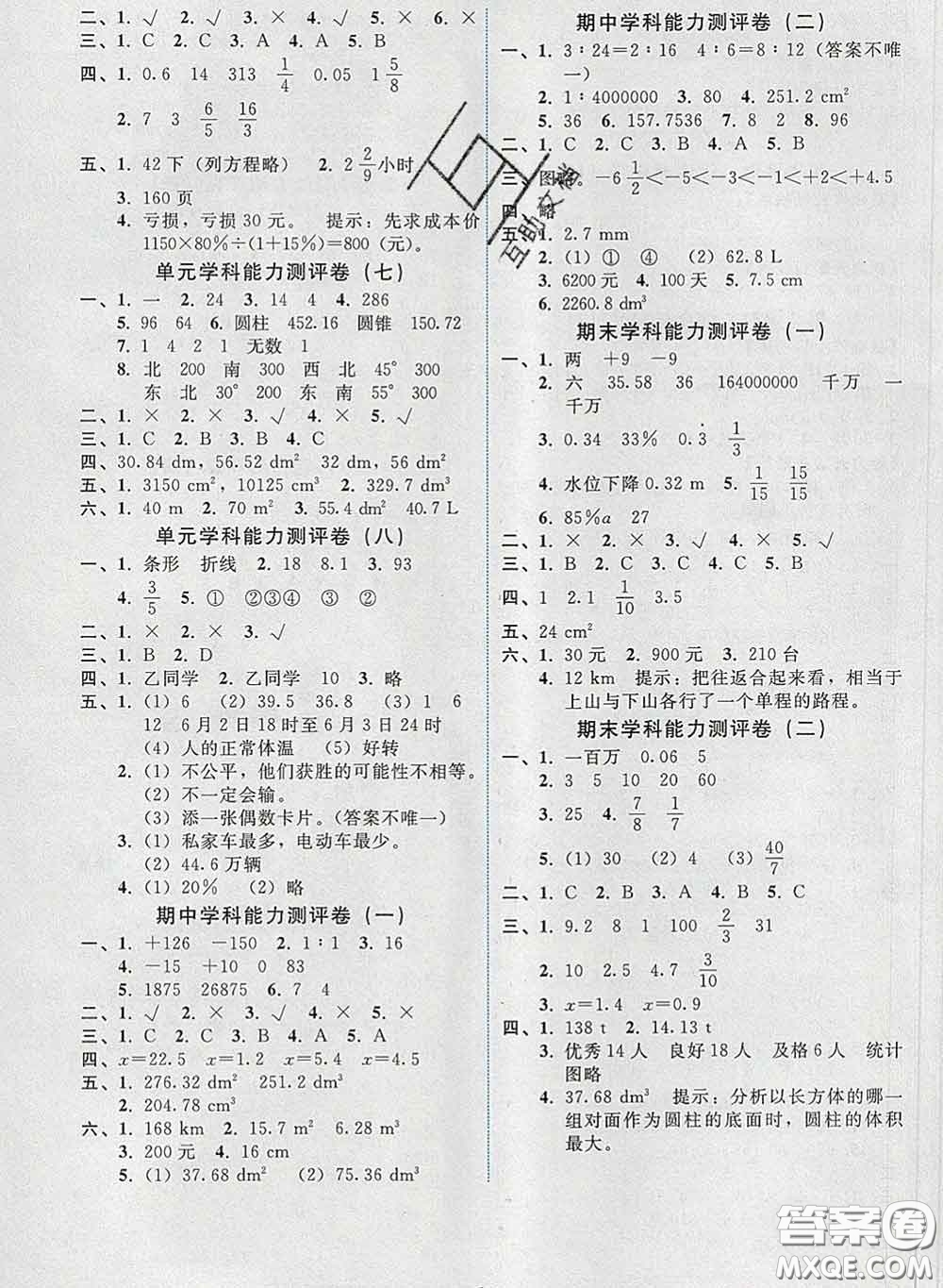 2020春能力培養(yǎng)與測試六年級數(shù)學(xué)下冊人教版湖南專版答案