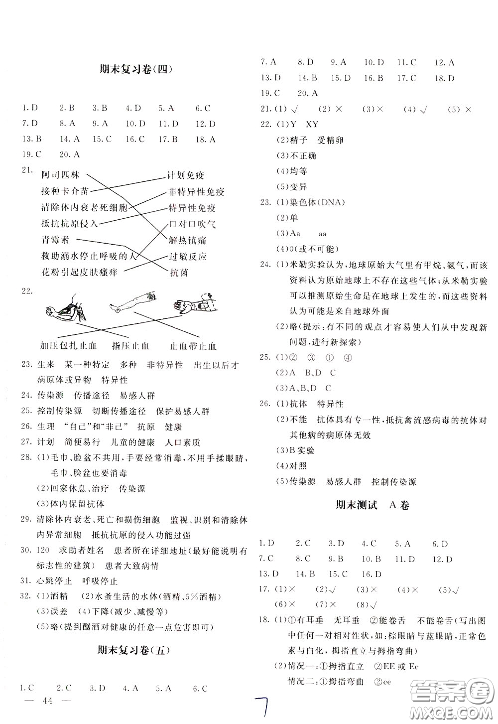 2020年新課堂AB卷單元測生物學(xué)八年級下冊人民教育版參考答案