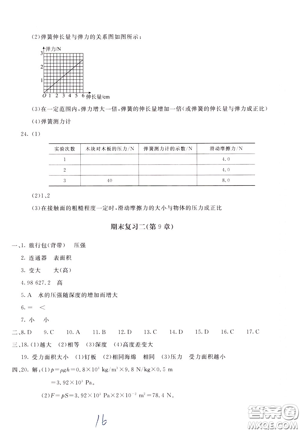 2020年新課堂AB卷單元測物理八年級下冊教育科學版參考答案