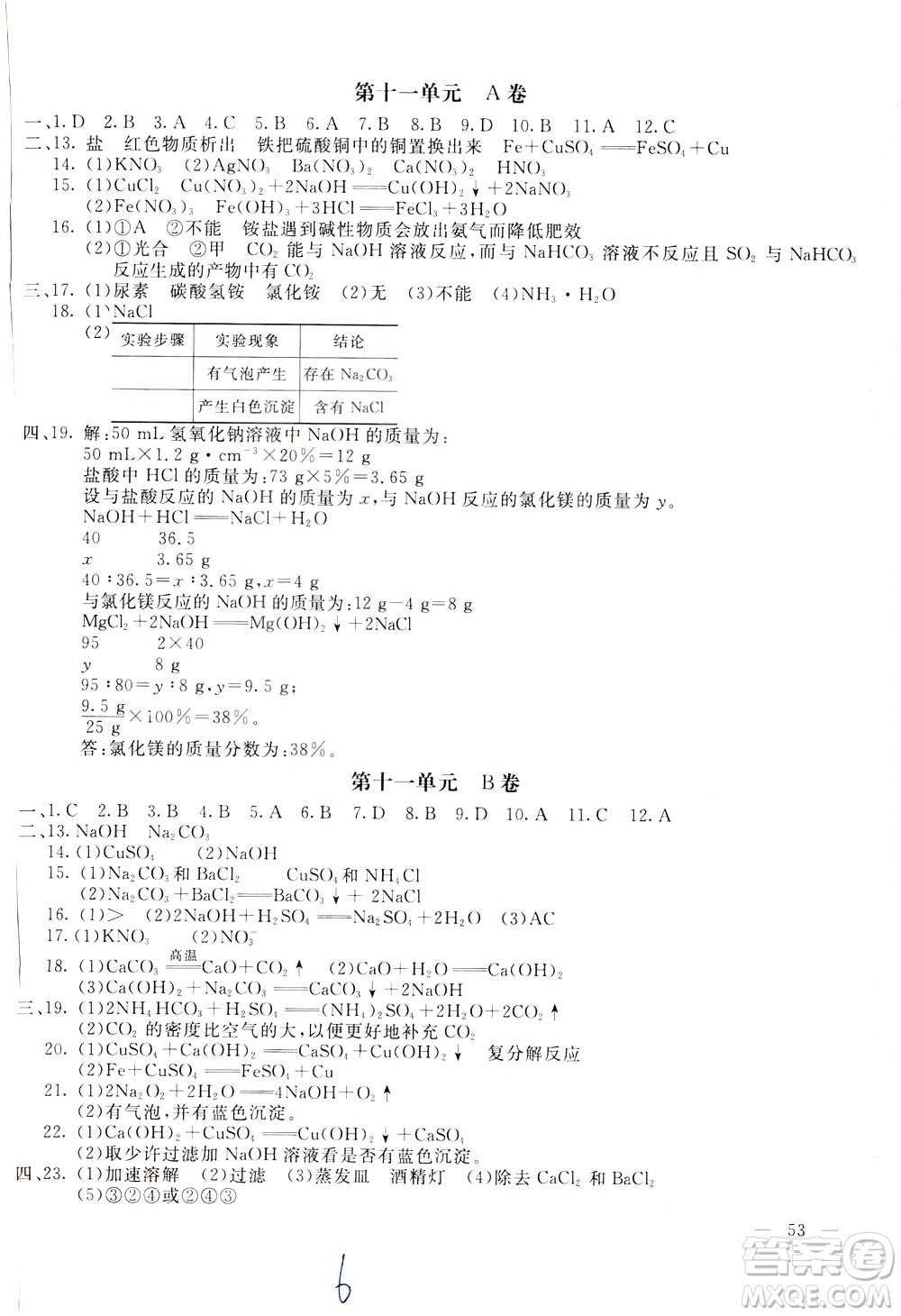 2020年新課堂AB卷單元測化學(xué)九年級下冊人民教育版參考答案