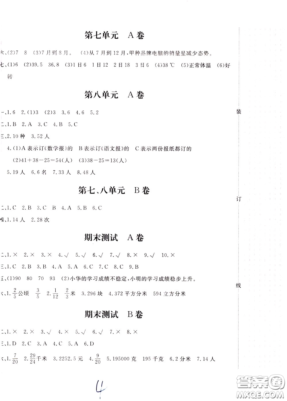 2020年新課堂AB卷單元測數(shù)學(xué)五年級下冊河北教育版參考答案