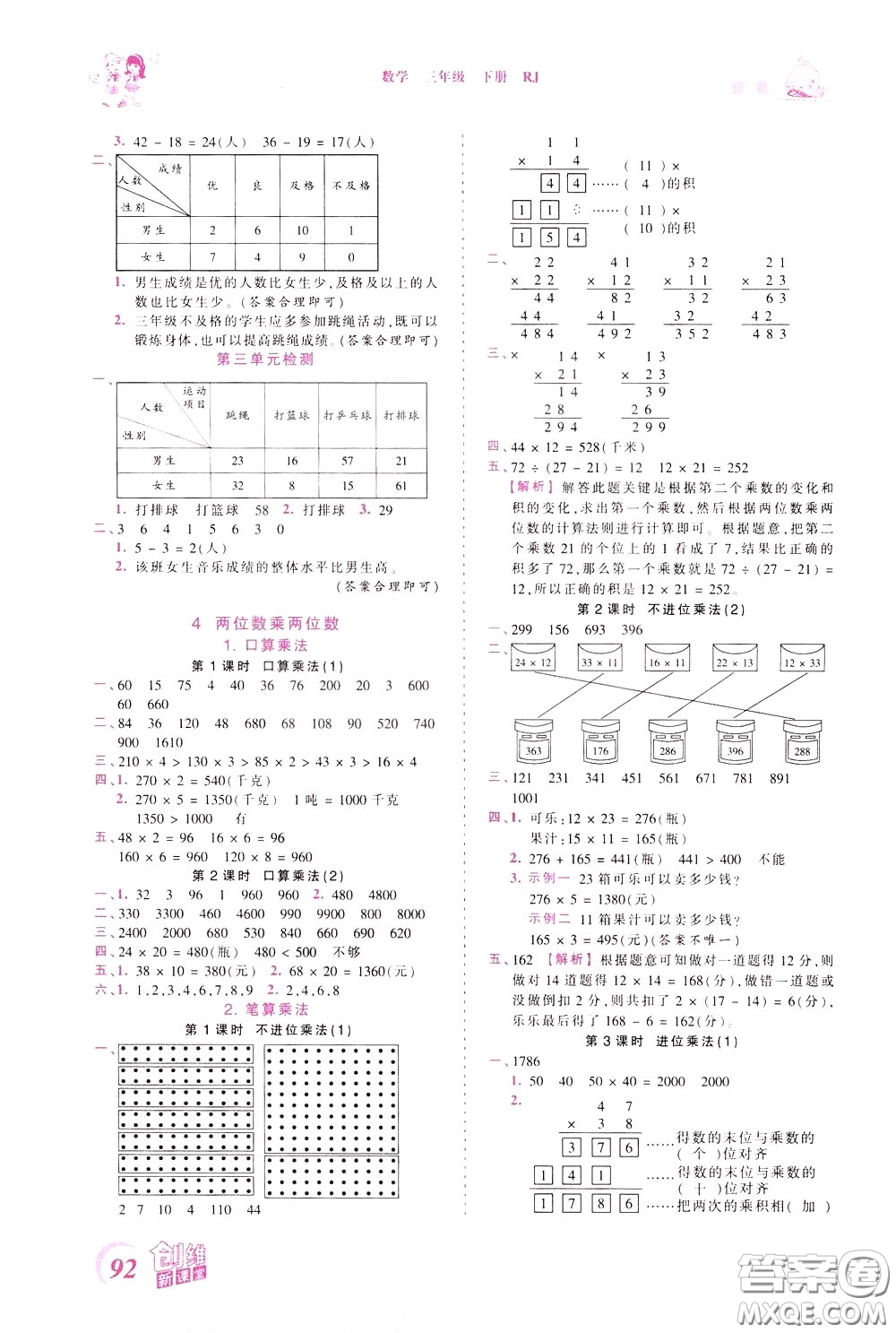 2020年王朝霞創(chuàng)維新課堂同步優(yōu)化訓(xùn)練數(shù)學(xué)三年級(jí)下冊(cè)RJ人教版參考答案