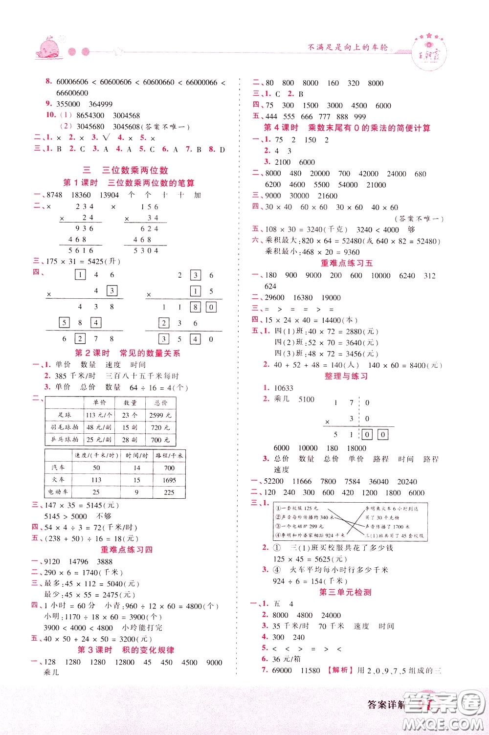 2020年王朝霞創(chuàng)維新課堂同步優(yōu)化訓(xùn)練數(shù)學(xué)四年級(jí)下冊(cè)SJ蘇教版參考答案