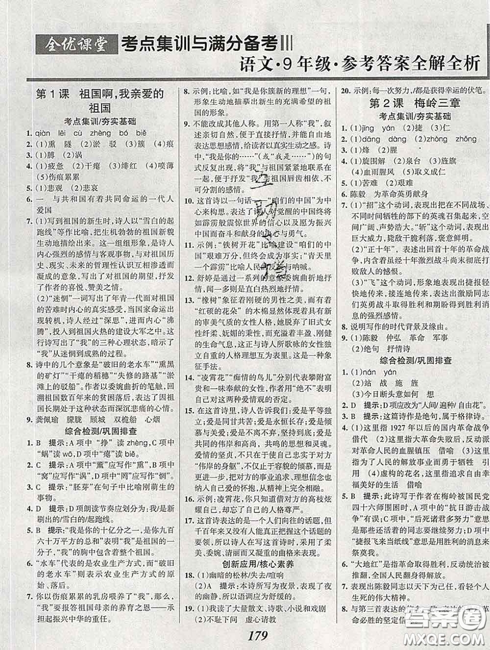 2020春全優(yōu)課堂考點(diǎn)集訓(xùn)與滿分備考九年級(jí)語文下冊(cè)人教版答案