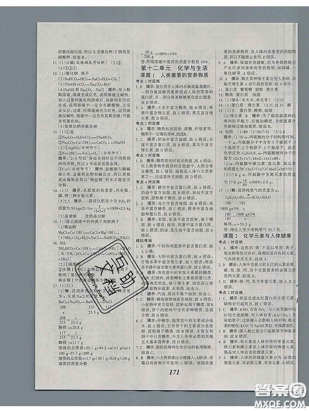 2020春全優(yōu)課堂考點(diǎn)集訓(xùn)與滿分備考九年級化學(xué)下冊人教版答案