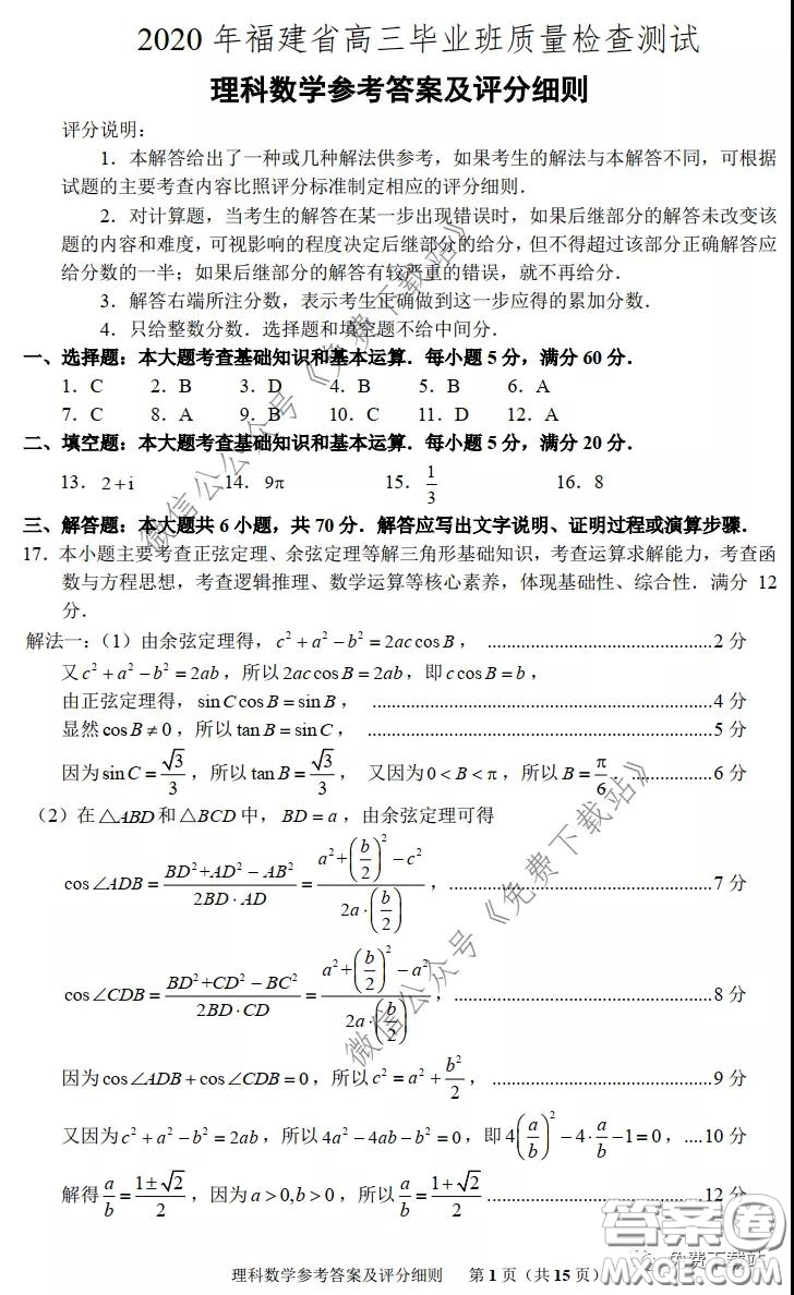 2020年福建省高三畢業(yè)班質量檢查測試理科數(shù)學試題及答案