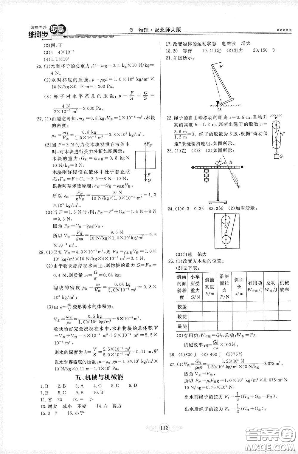 河北美術(shù)出版社2020課堂內(nèi)外練測步步高九年級物理下冊北師大版答案