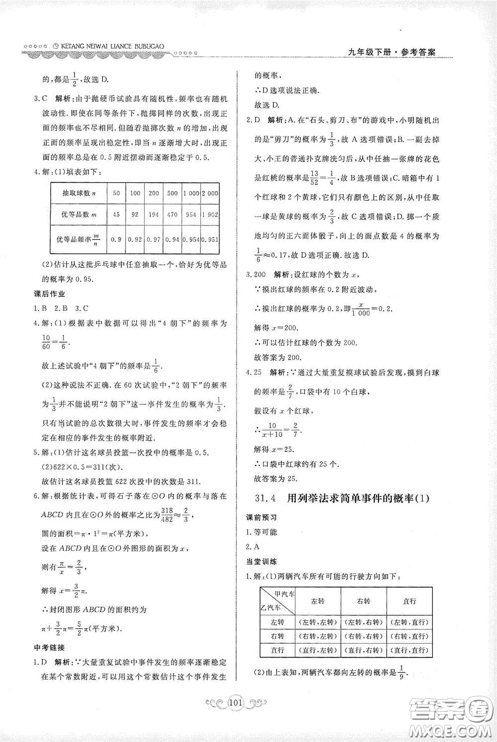 河北美術(shù)出版社2020課堂內(nèi)外練測步步高九年級(jí)數(shù)學(xué)下冊(cè)河北教育版答案