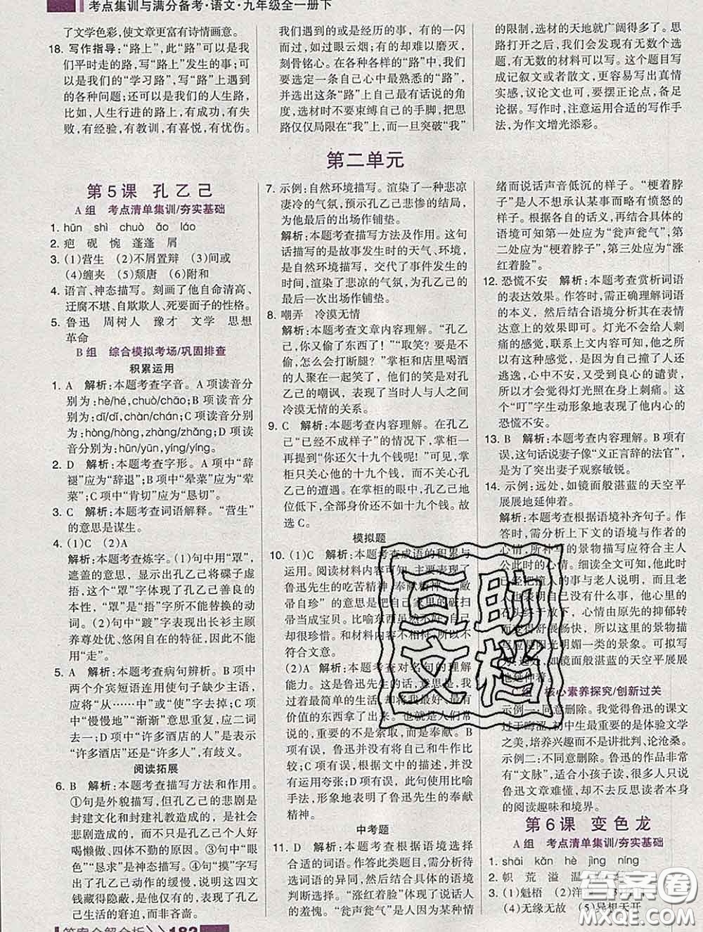 2020新版考點(diǎn)集訓(xùn)與滿分備考九年級(jí)語文下冊(cè)人教版答案