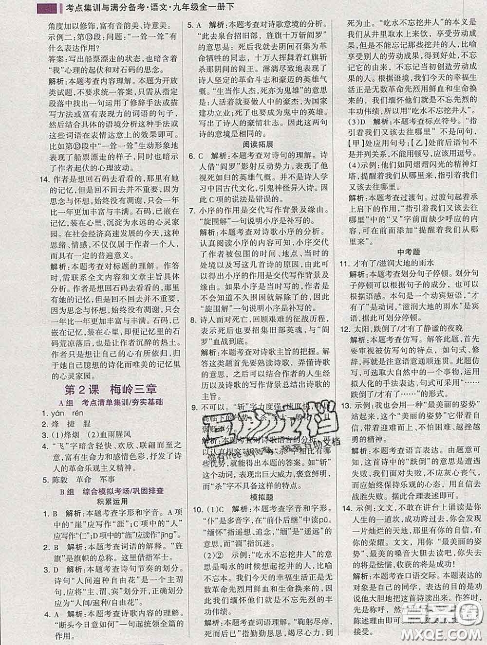 2020新版考點(diǎn)集訓(xùn)與滿分備考九年級(jí)語文下冊(cè)人教版答案