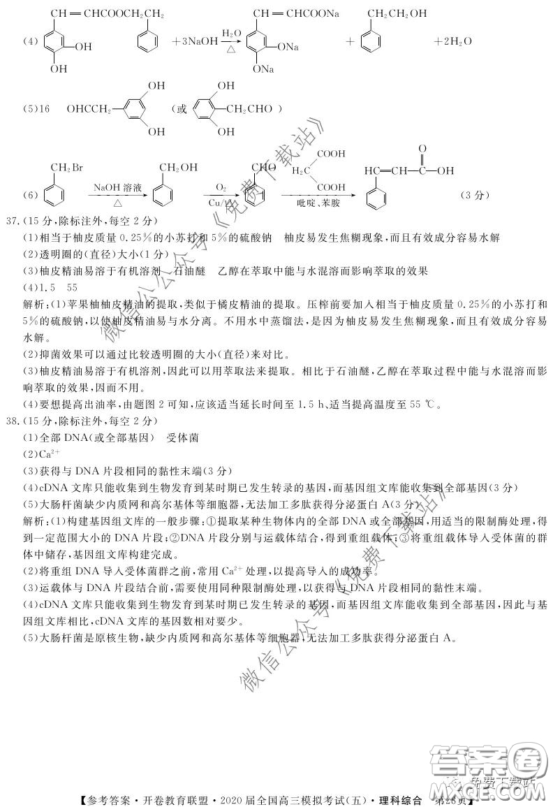 開卷教育聯(lián)盟2020屆全國高三模擬考試五理科綜合答案