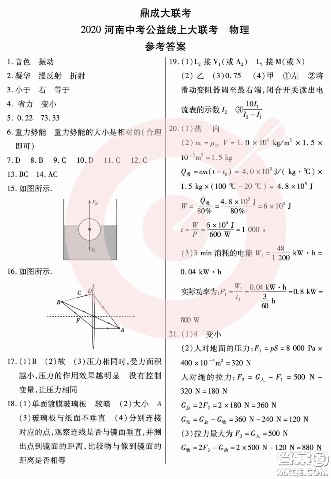 鼎成大聯(lián)考2020年河南中考公益線上大聯(lián)考物理試卷及答案