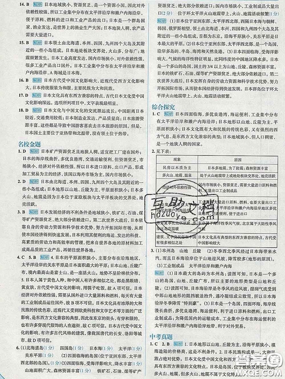 現(xiàn)代教育出版社2020新版走向中考考場七年級地理下冊人教版答案