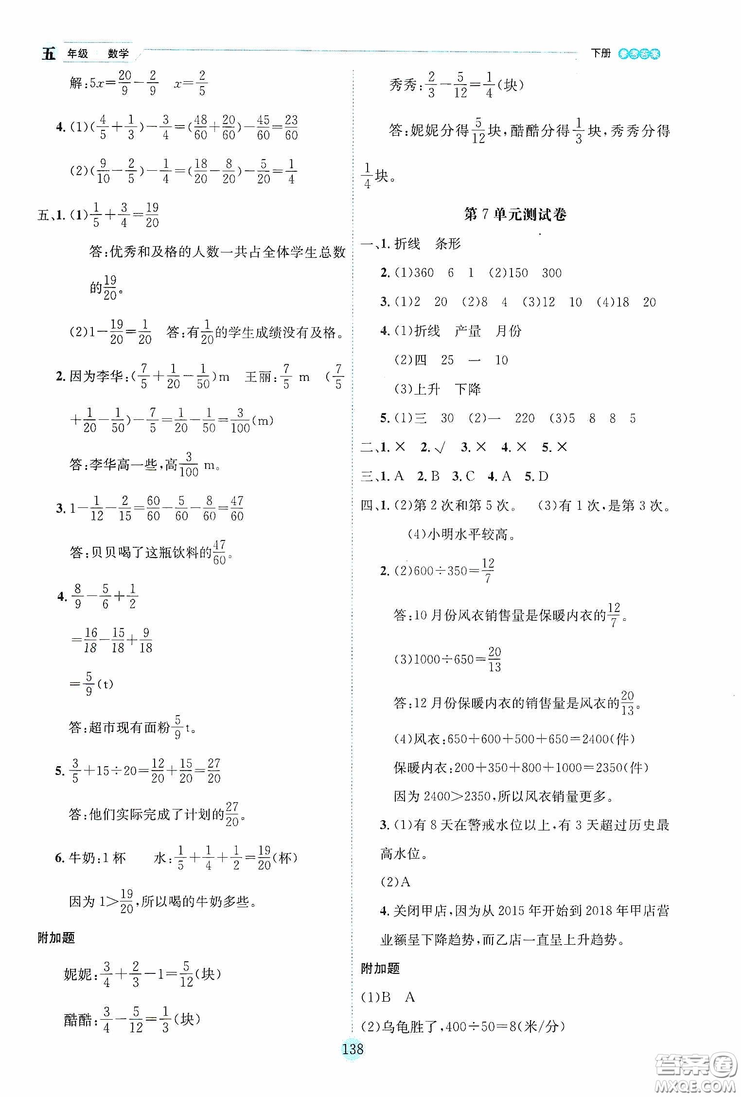 延邊人民出版社2020優(yōu)秀生作業(yè)本情景式閱讀型練習(xí)冊五年級數(shù)學(xué)下冊人教版答案