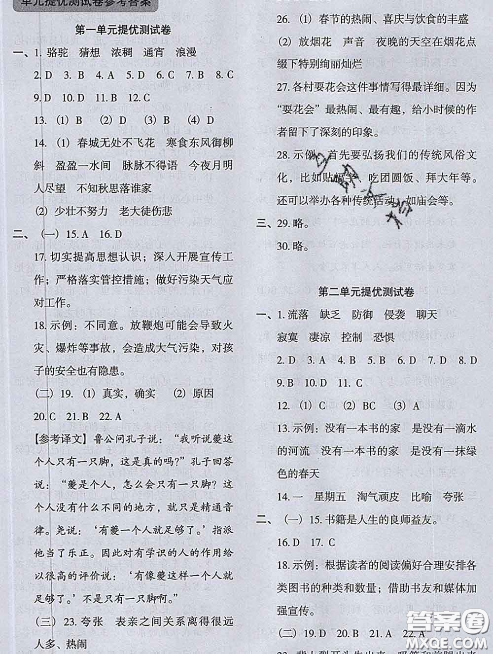 2020新版木頭馬分層課課練小學(xué)語文六年級下冊人教版答案