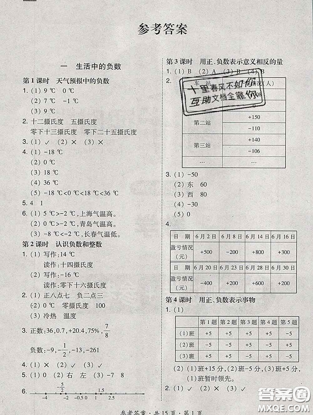 2020春北大綠卡課時(shí)同步訓(xùn)練六年級(jí)數(shù)學(xué)下冊(cè)冀教版參考答案