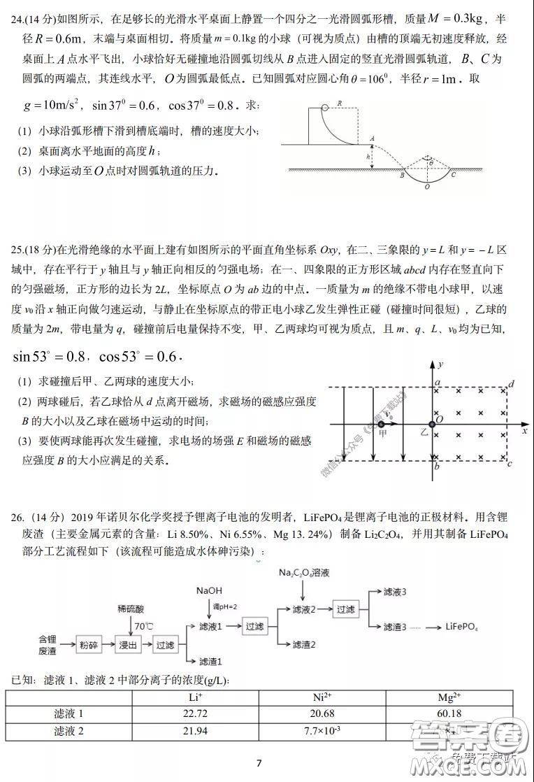 長郡中學2020屆高三理綜訓練七試題及答案