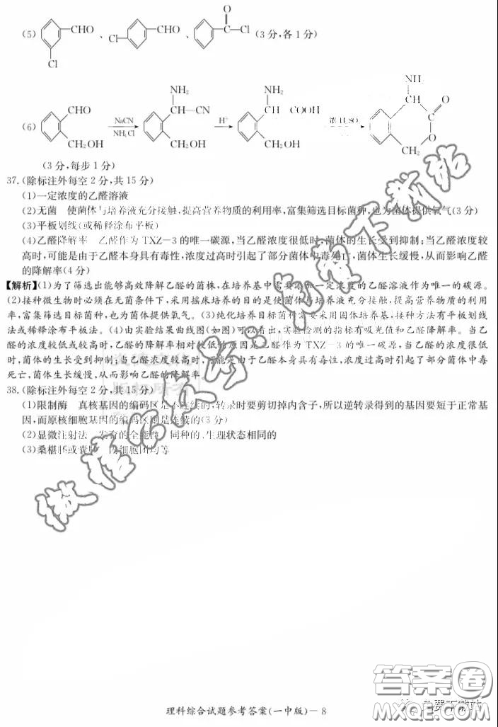 炎德英才大聯(lián)考長沙市一中2020屆高三月考試卷八理科綜合答案