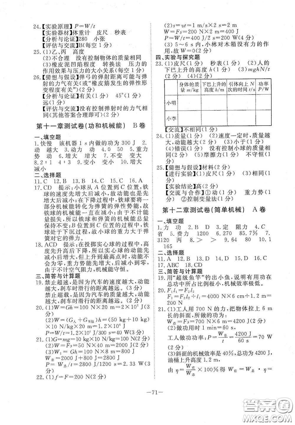 江西教育出版社2020能力形成同步測試卷八年級物理下冊人教版答案