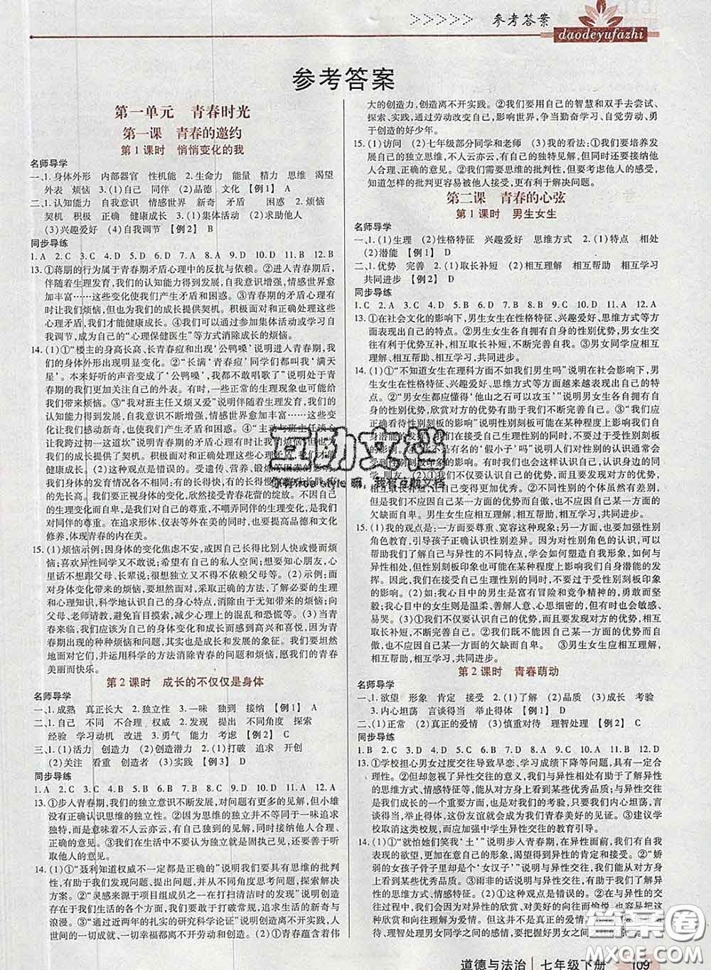 2020新版高分突破課時達(dá)標(biāo)講練測七年級道德與法治下冊人教版答案