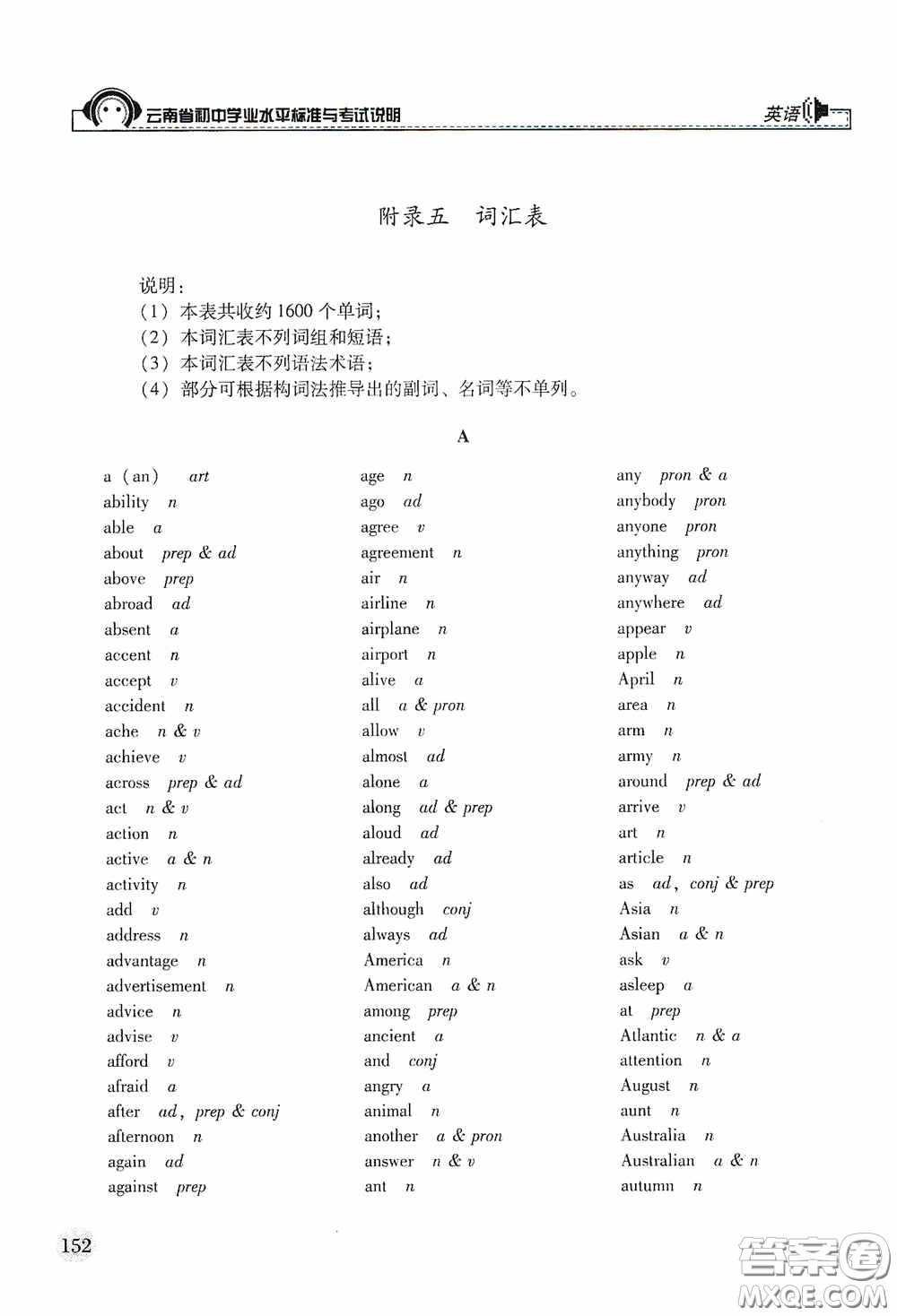 云南美術(shù)出版社2020云南省初中學(xué)業(yè)水平標(biāo)準(zhǔn)與考試說明英語答案