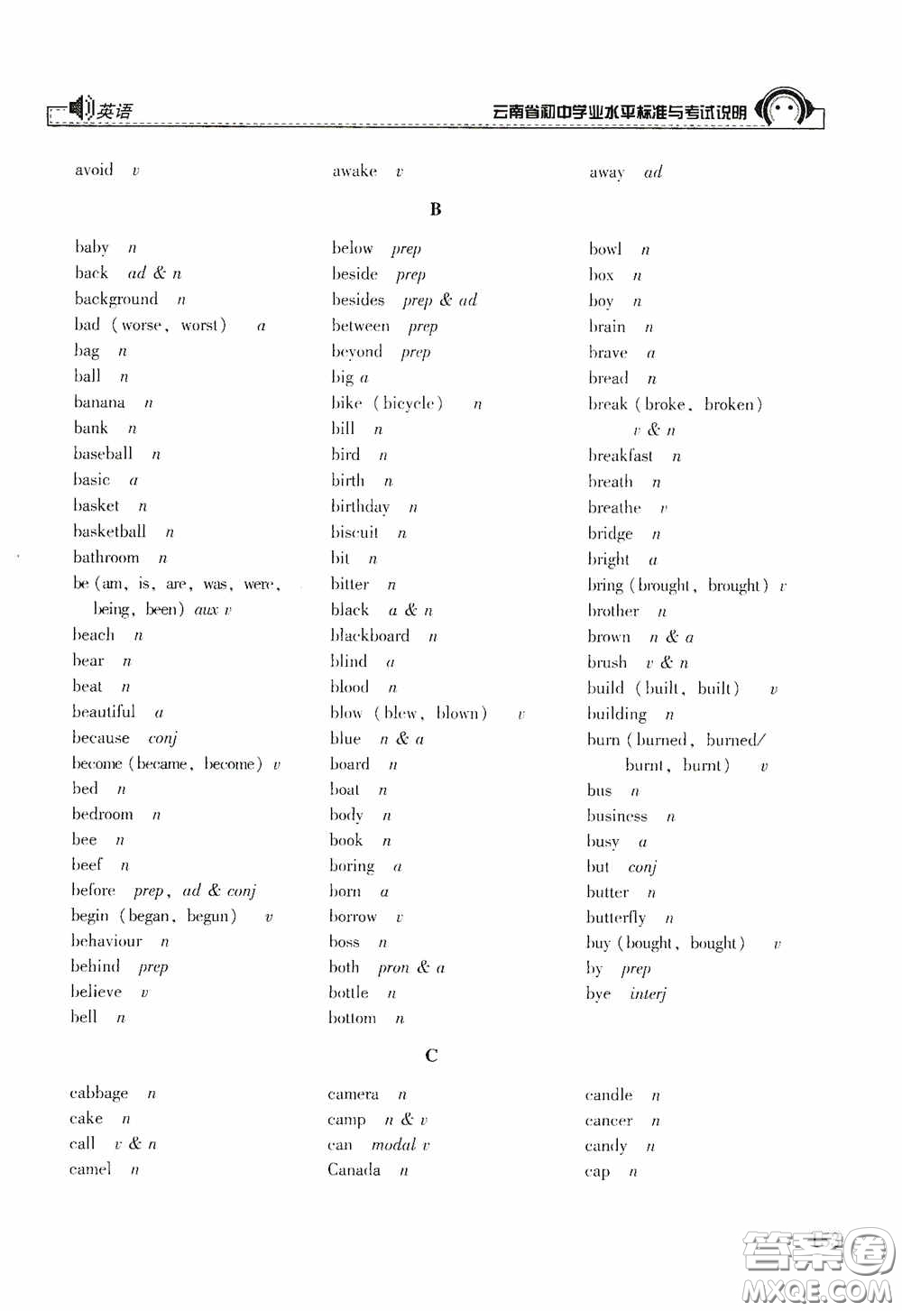 云南美術(shù)出版社2020云南省初中學(xué)業(yè)水平標(biāo)準(zhǔn)與考試說明英語答案