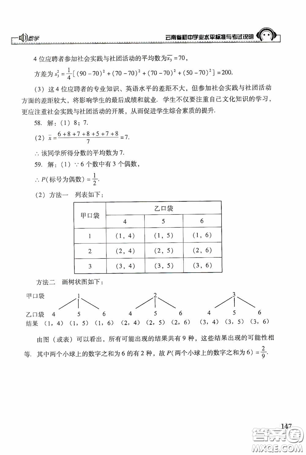 云南美術(shù)出版社2020云南省初中學業(yè)水平標準與考試說明數(shù)學答案