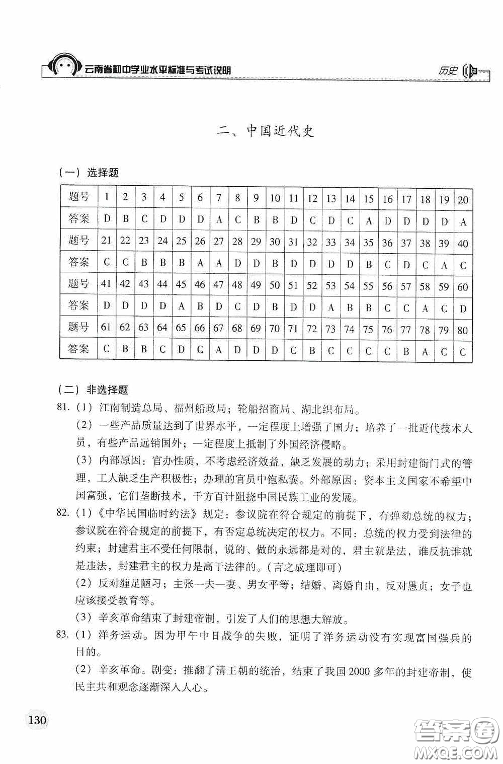 云南美術(shù)出版社2020云南省初中學(xué)業(yè)水平標(biāo)準(zhǔn)與考試說(shuō)明歷史答案