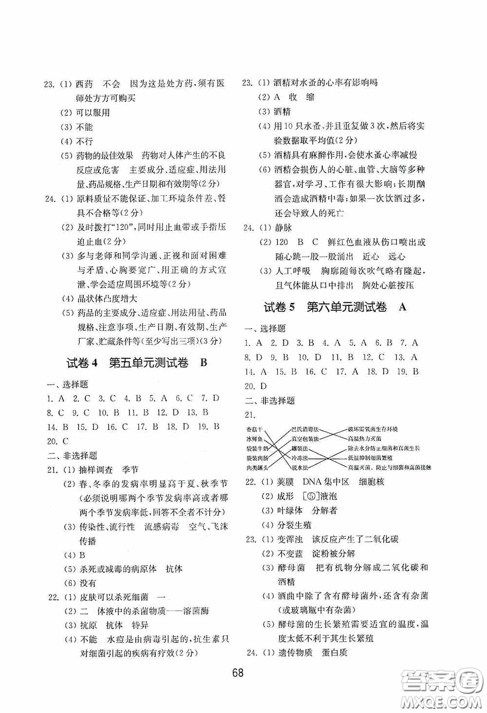 山東教育出版社2020初中基礎訓練七年級生物學下冊54學制版答案