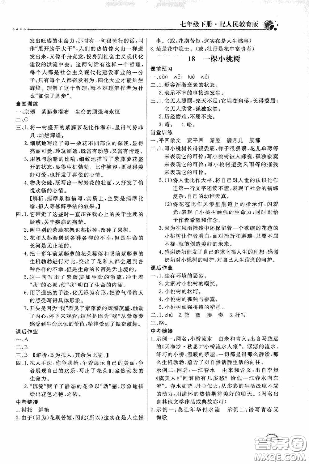 北京教育出版社2020新課堂同步訓(xùn)練七年級語文下冊人民教育版答案