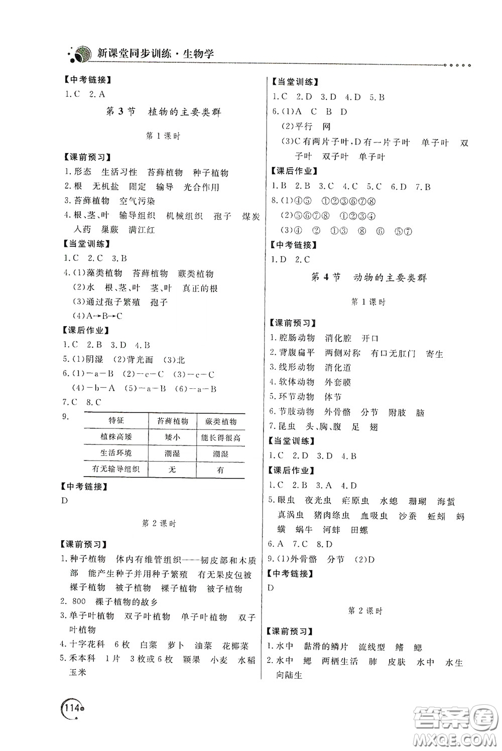 北京教育出版社2020新課堂同步訓(xùn)練八年級(jí)生物學(xué)下冊(cè)北師大版答案