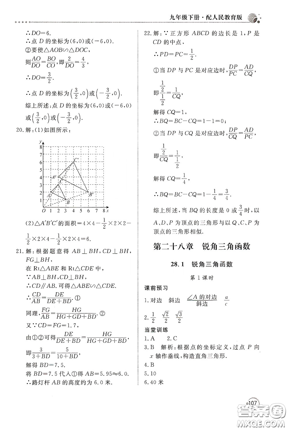 北京教育出版社2020新課堂同步訓練九年級數(shù)學下冊人民教育版答案