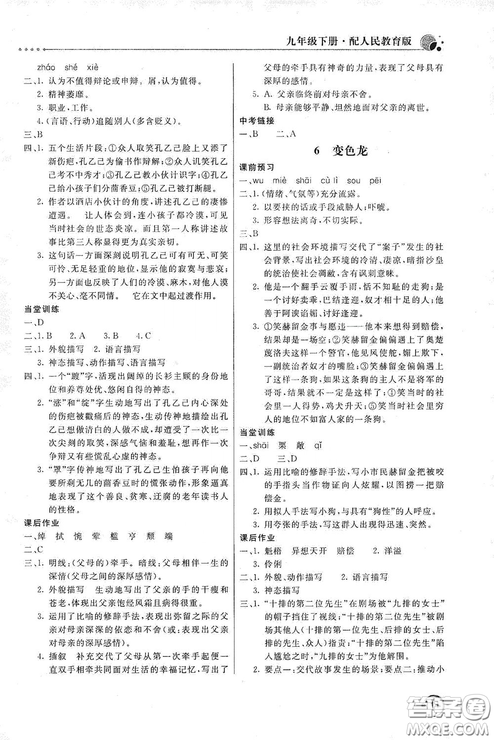 北京教育出版社2020新課堂同步訓(xùn)練九年級語文下冊人民教育版答案