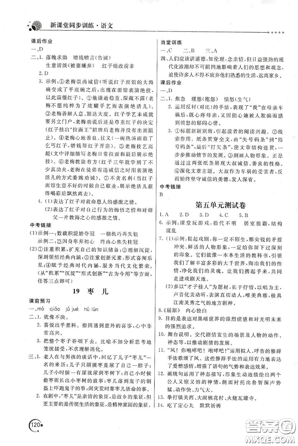 北京教育出版社2020新課堂同步訓(xùn)練九年級語文下冊人民教育版答案