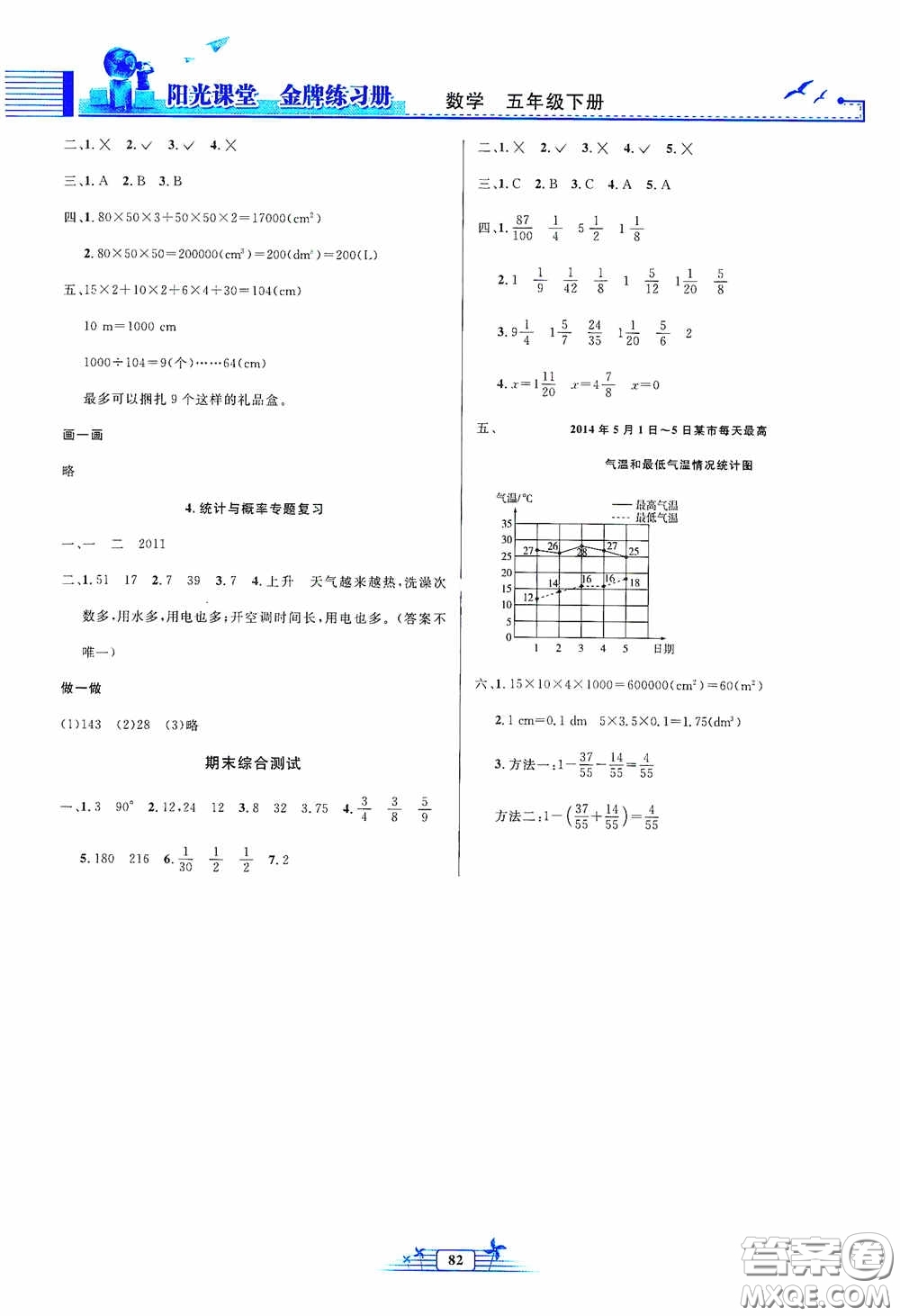 人民教育出版社2020陽光課堂金牌練習(xí)冊五年級數(shù)學(xué)下冊答案