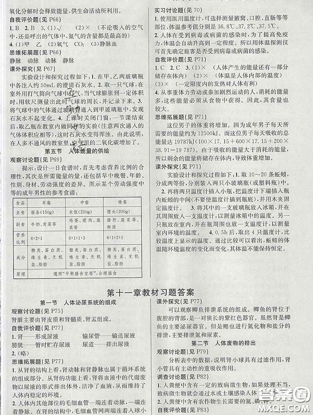 安徽師范大學(xué)出版社2020新版課時(shí)奪冠七年級(jí)生物下冊蘇教版答案