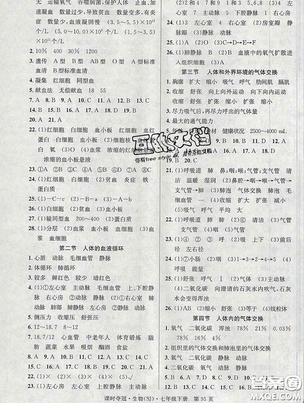 安徽師范大學(xué)出版社2020新版課時(shí)奪冠七年級(jí)生物下冊蘇教版答案