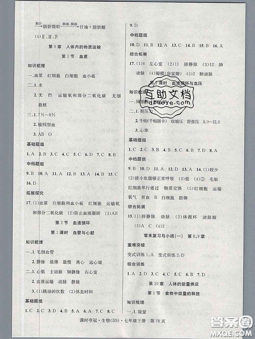 安徽師范大學(xué)出版社2020新版課時(shí)奪冠七年級(jí)生物下冊(cè)北師版答案