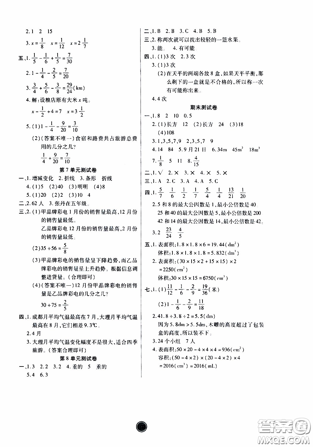 2020年云頂課堂作業(yè)創(chuàng)新設(shè)計數(shù)學(xué)五年級下冊人教版參考答案