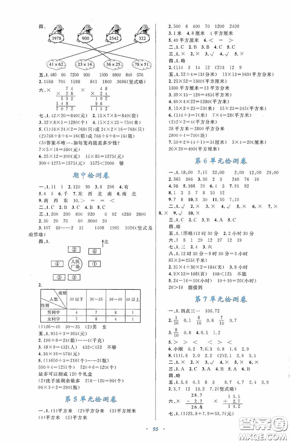 內(nèi)蒙古大學(xué)出版社2020學(xué)習(xí)目標(biāo)與檢測三年級數(shù)學(xué)下冊人教版答案