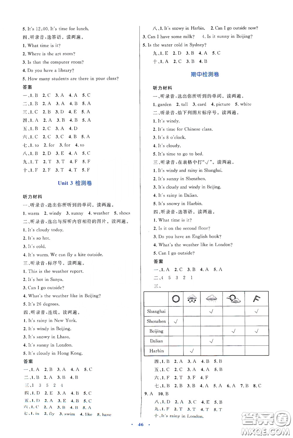 內(nèi)蒙古大學(xué)出版社2020學(xué)習(xí)目標(biāo)與檢測(cè)四年級(jí)英語(yǔ)下冊(cè)人教版答案