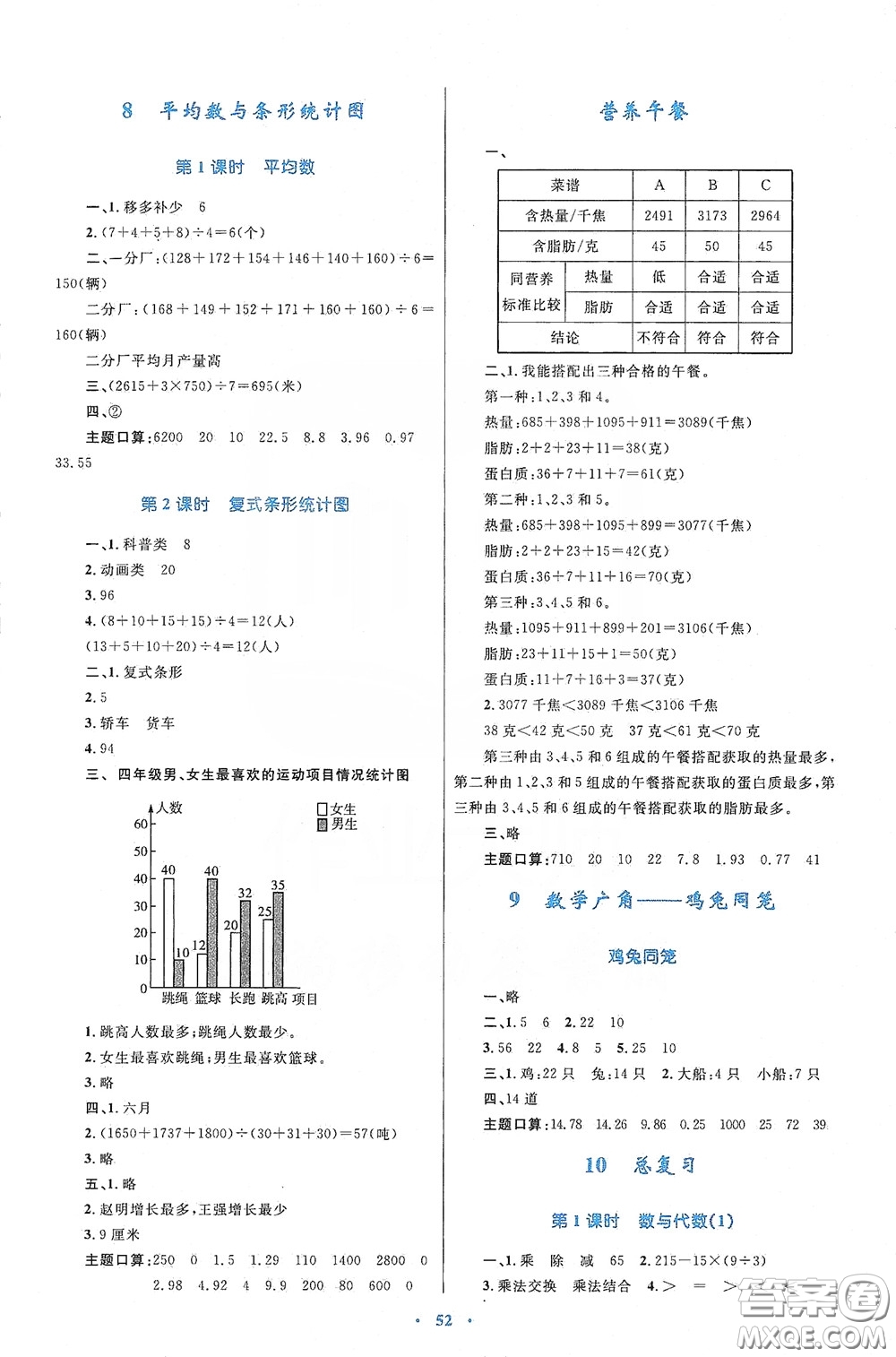 內蒙古大學出版社2020學習目標與檢測四年級數(shù)學下冊人教版答案