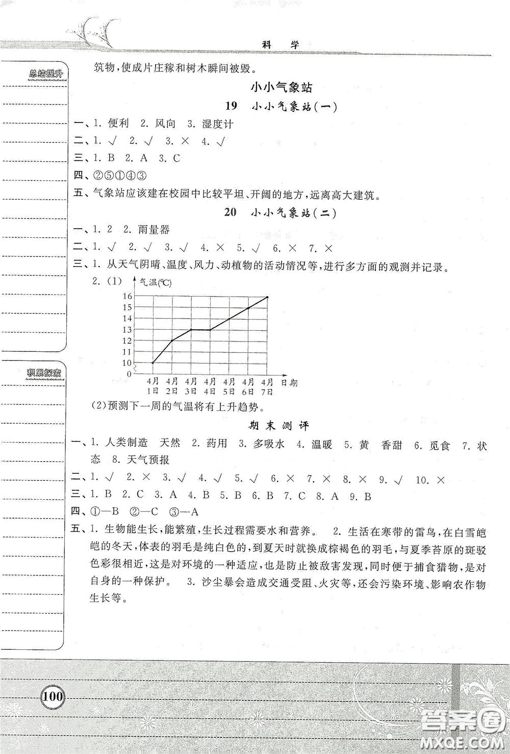 河北美術出版社2020課時練同步測評三年級科學下冊JR版答案