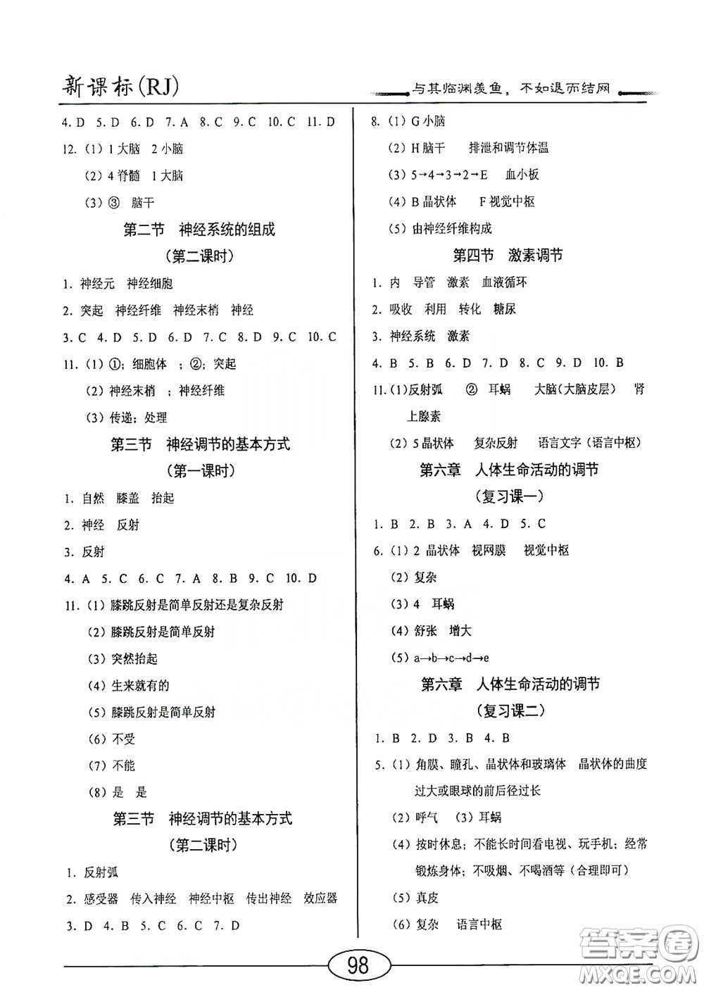 陽(yáng)光出版社2020新編隨堂10分鐘七年級(jí)生物下冊(cè)人教版答案