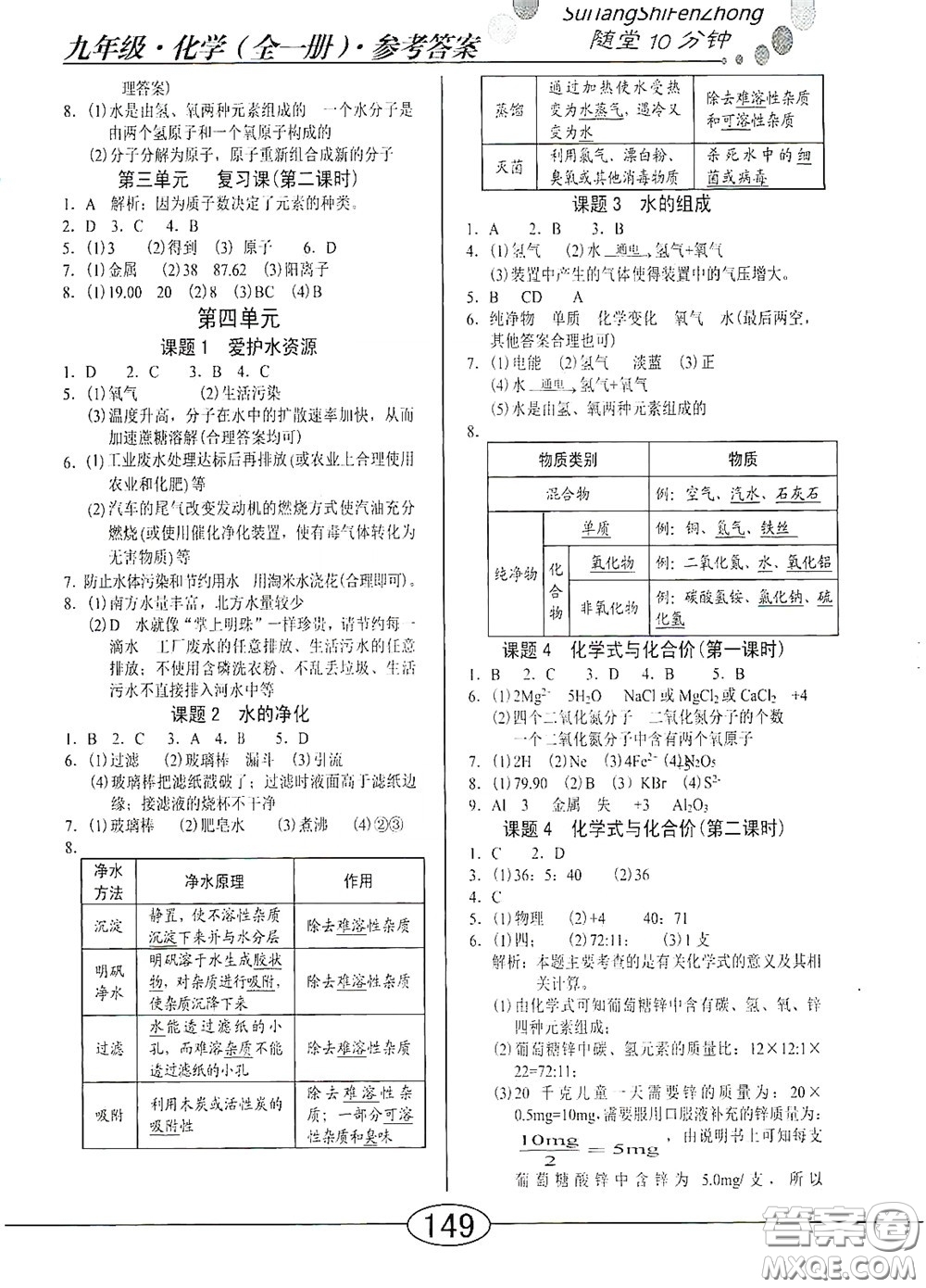 陽(yáng)光出版社2020新編隨堂10分鐘九年級(jí)化學(xué)全一冊(cè)人教版答案