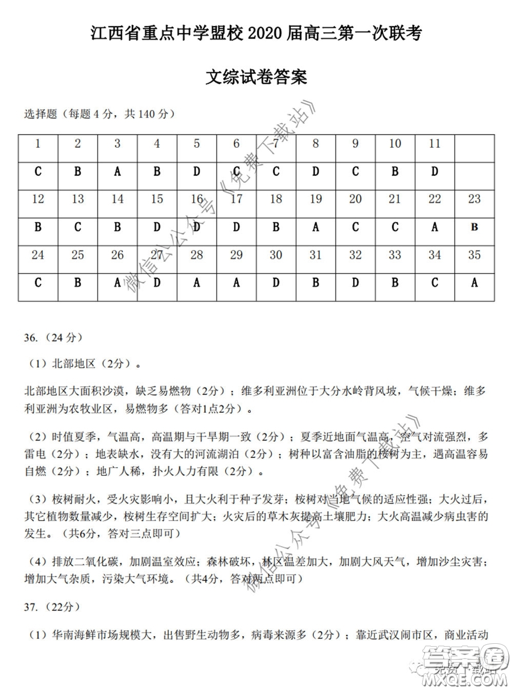 江西省重點中學盟校2020屆高三第一次聯(lián)考文科綜合答案