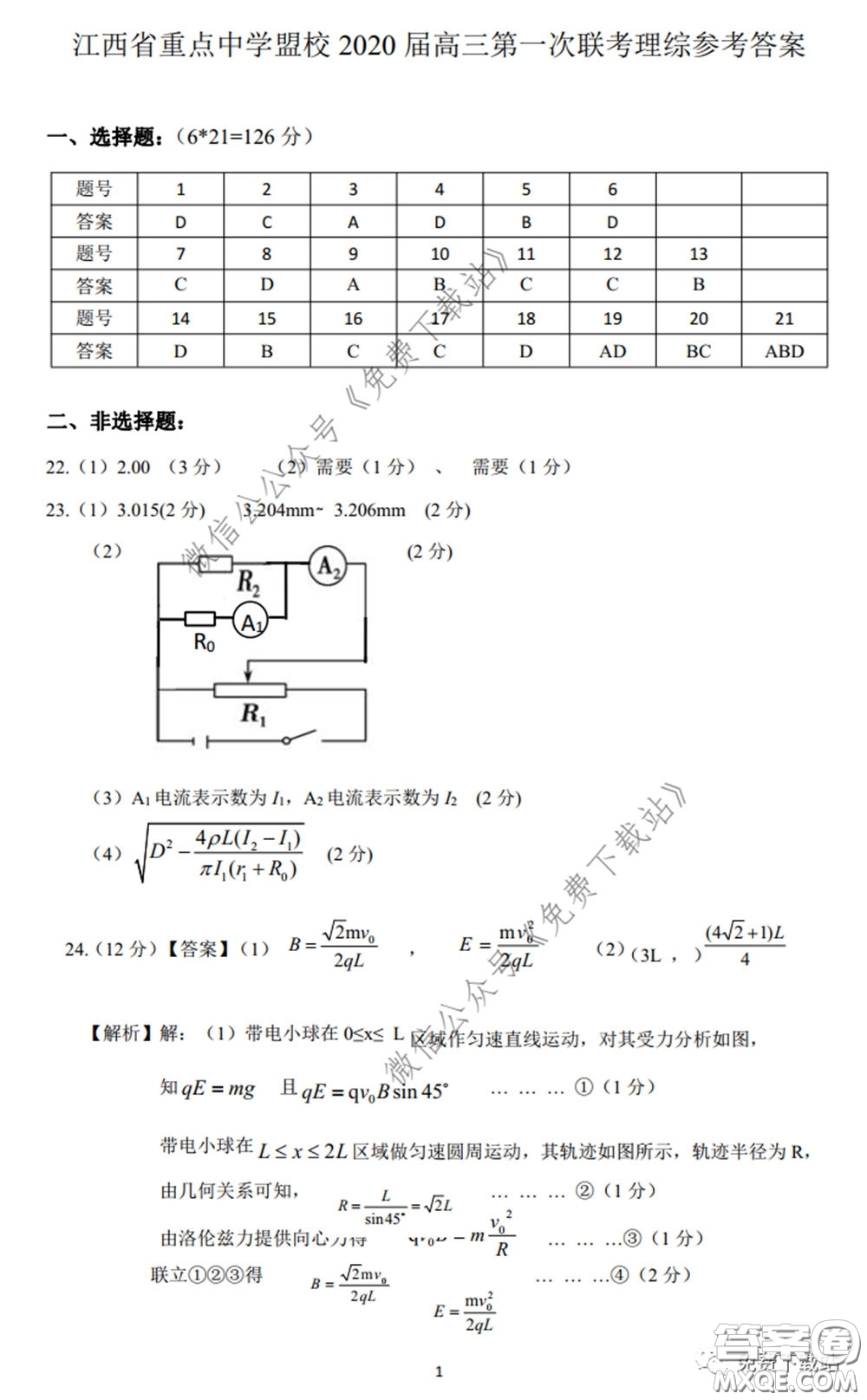 江西省重點(diǎn)中學(xué)盟校2020屆高三第一次聯(lián)考理科綜合答案