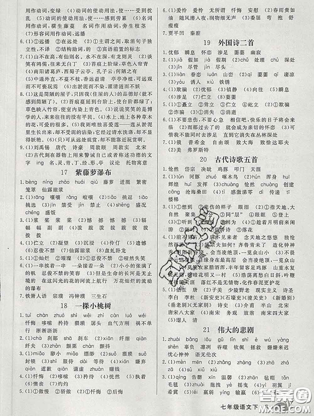 2020新版新領(lǐng)程叢書新領(lǐng)程七年級語文下冊人教版安徽專版參考答案