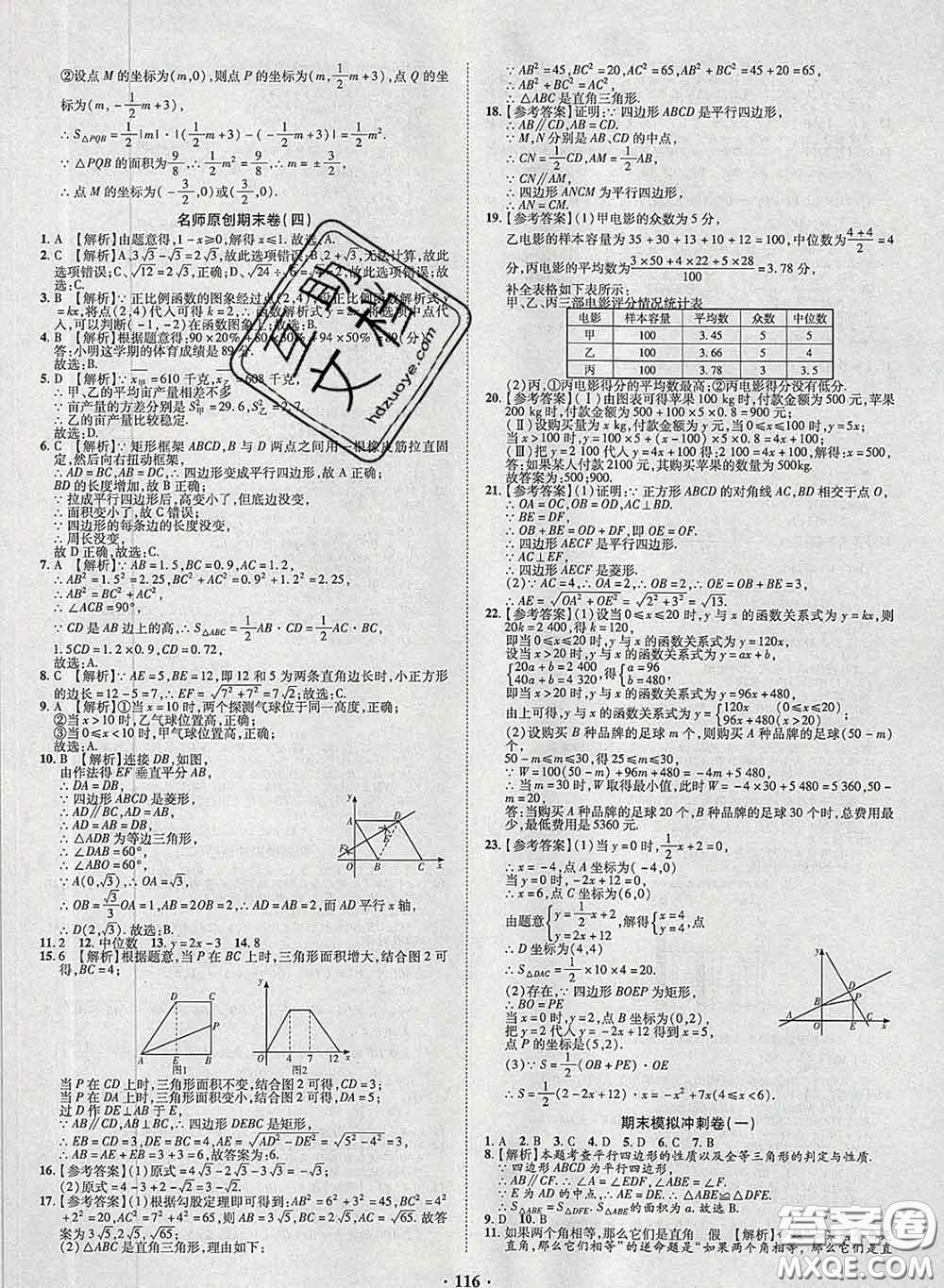 2020新版金榜名題單元加期末卷八年級(jí)數(shù)學(xué)下冊(cè)人教版參考答案