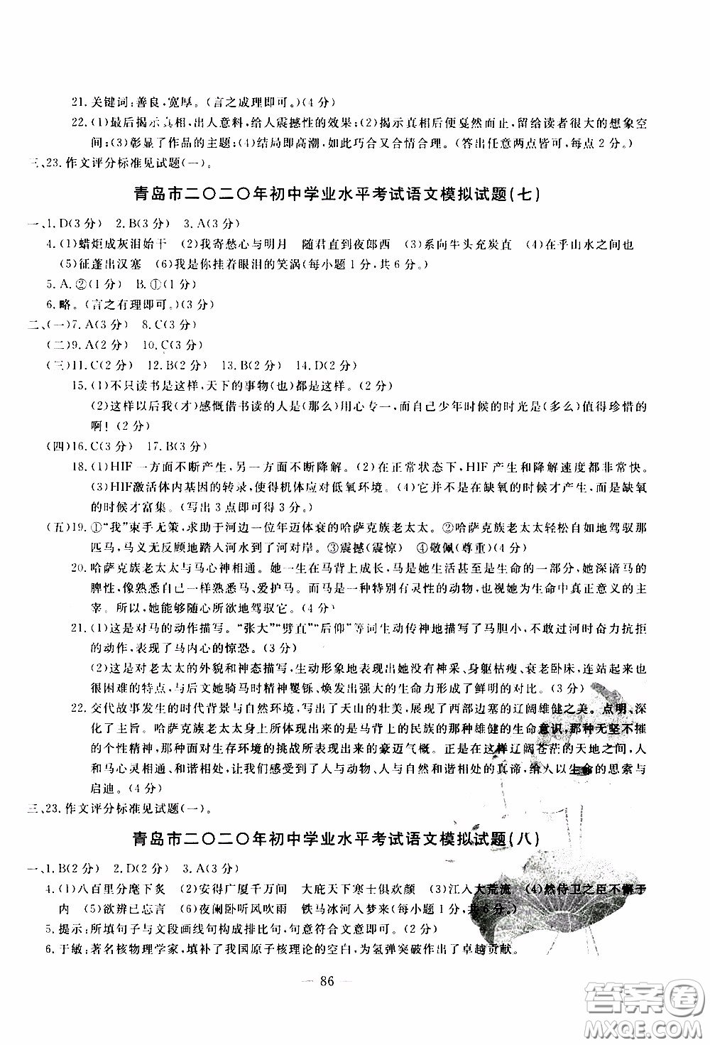 青島出版社2020年中考沖刺模擬卷語文參考答案